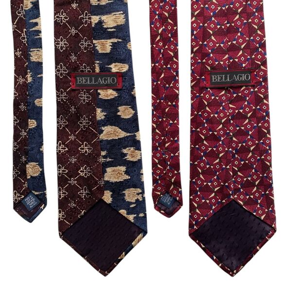 Vintage Bellagio Mens Silk Neckties Art Deco Abstract Geometric Burgundy Blue - Picture 3 of 5
